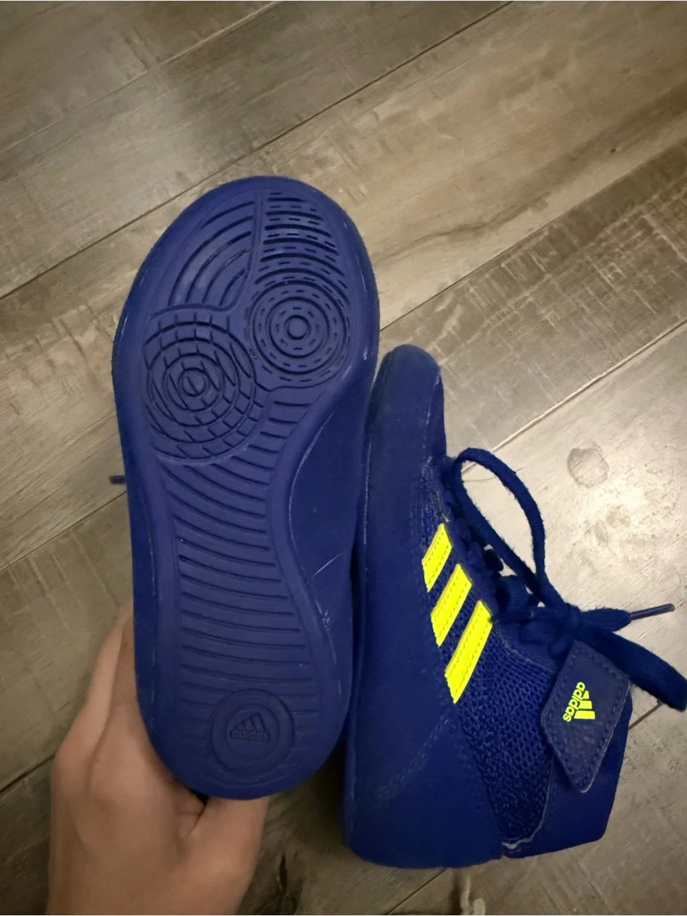 Adidas Youth Wrestling Royal Blue shoes with Neon Yellow Stripes